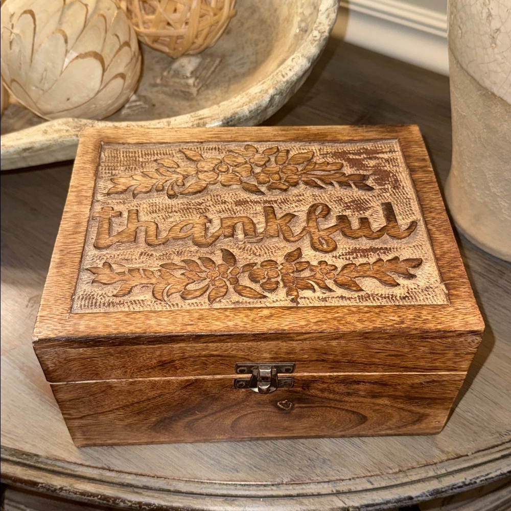 Decorative Carved Wooden Box with Latch THANKFUL trinket storage decor
